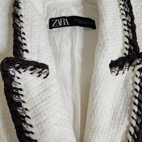 Zara Textured White Brown Button Blazer size Medium - Picture 3 of 9